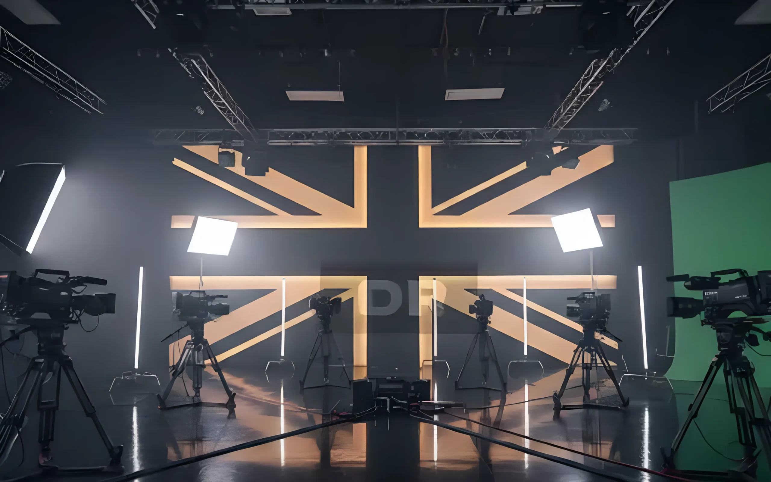 Rockefellas TV international studio in Birmingham, UK with cameras, lights, and UK flag backdrop