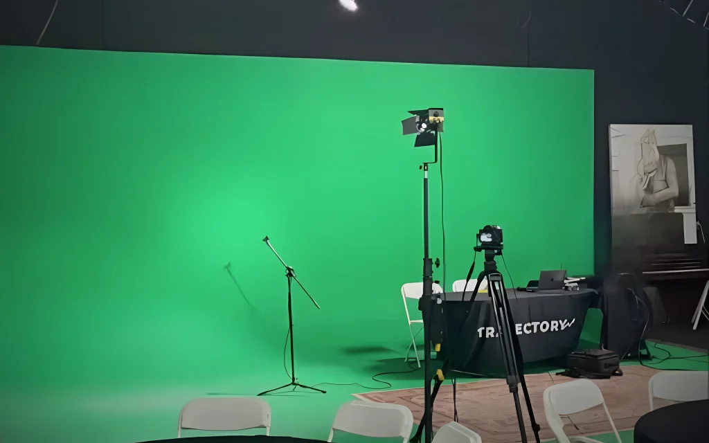 Rockefellas TV studio in Corona, California with green screen wall and production lighting